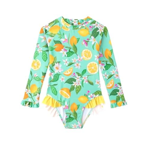 Baby Toddler Girl Long Sleeve Ruffle Swimsuit One Piece Zipper Rash Guard Bathing Suit with UPF 50+ Sun Protection