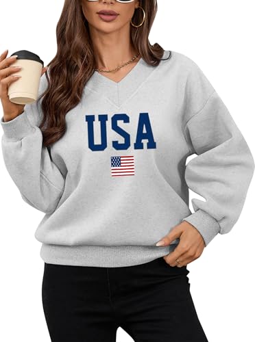 Women’s Grey Large Avanova Graphic V Neck Sweatshirt with Drop Shoulder Long Sleeves
