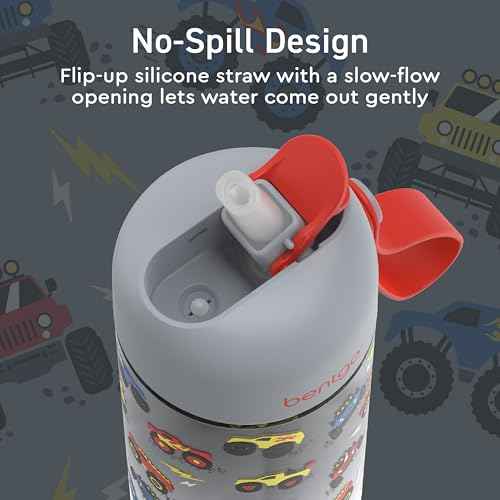 Bentgo Kids Water Bottle - Leak-Proof, Durable Tritan, BPA-Free 15 oz. Cup for Kids/Toddlers Ages 3+, Safe Sip Spout, Carrying Handle, & Dishwasher Safe for School, Sports, Daycare & Camp (Trucks)