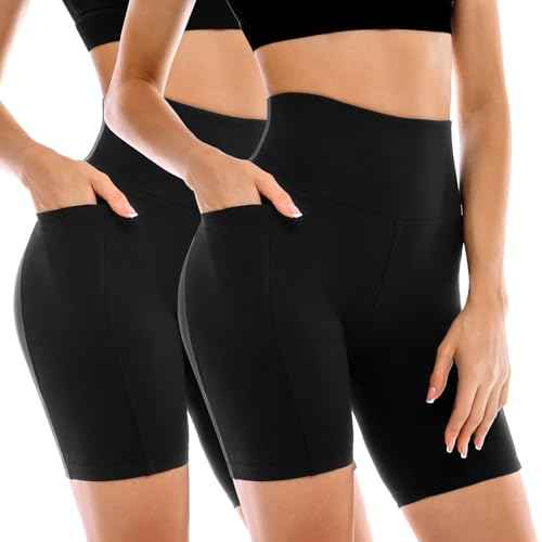 2 Pack Womens Biker Shorts with Pockets, High Waisted Yoga Shorts for Women Running Gym and Workout