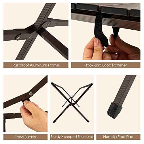 COSTWAY Portable Picnic Table, 28¡¯¡¯ x 43¡¯¡¯ Roll-Up Aluminum Beach Table with Carry Bag for 4-6 Person, Folding Camping Table with Sturdy X-Shaped Frame (Brown)