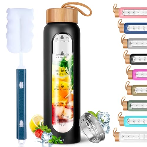 Aqulea 32oz Glass Water Bottle with Silicone Sleeve - Black, Wide Mouth, Infuser, Leak-Proof