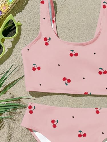 Girls Cherry Print Bikini Set 11 Years Pink Summer Swimsuit Two Piece Beach Outfit