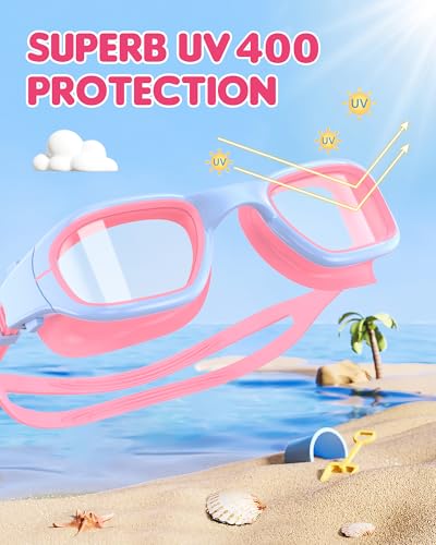Kids Swim Goggles for 6-14 Years - Pink/Blue Clear Anti-Fog UV Protection