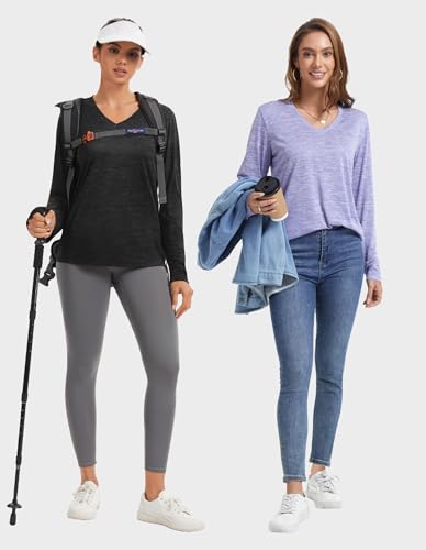 Moisture Wicking Long Sleeve Workout Shirts for Women - 6 Pack Black Gray Watermelon Purple Green Blue Medium