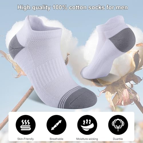 Men's Ankle Cotton Socks 8 Pairs - Breathable Cushioned Athletic Running Socks, Medium-Large, White