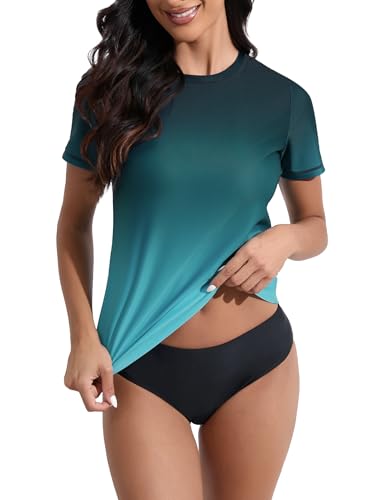Women's Rash Guard UPF 50+ Short Sleeve Swim Shirt - Medium Black Lake Blue Gradient