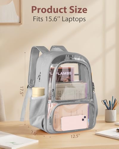 Large Grey Clear Backpack with Reinforced PVC & Fabric, Laptop & Travel Bag