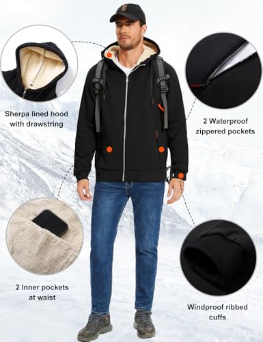 Flygo Sherpa Hoodies for Men Black Large Zip Up Winter Fleece Lined Hoodie