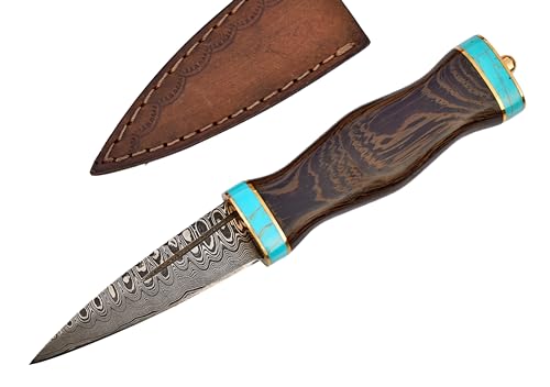 Scottish Dirk Knife Handmade Damascus Steel Wenge Wood & Turquoise Handle with Leather Sheath - Custom Craft