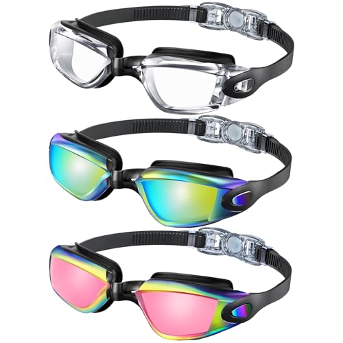 Kids Swimming Goggles Anti-Fog No Leaking 3 Pack | NSSIW — Black & Clear / Blue Purple Glitz & Silver Blue / Yellow Green Glitz & Pink