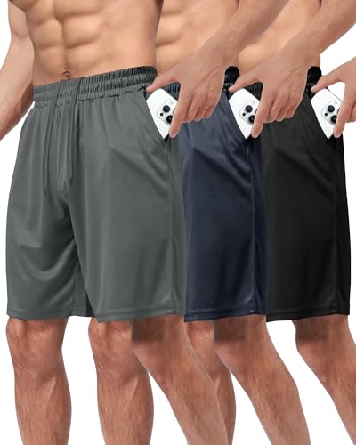 Men's Athletic Shorts 3 Pack - Quick Dry Gym Shorts with Pockets, S-6XL - Dark Grey