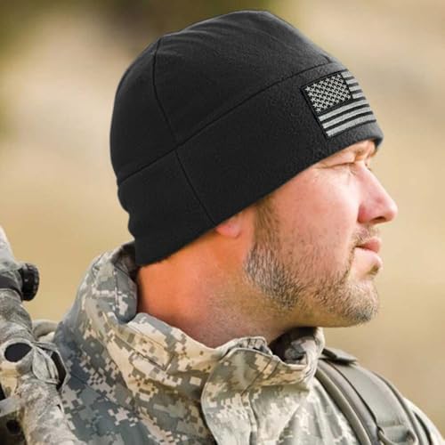 Temple Tape Tactical Beanie Hat - American Flag Fleece Winter Watch Cap - Military Hats for Men - Mens Army Beanies