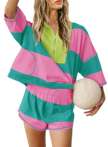 Yanekop Women's Striped Workout Set Two-Piece Lounge Athleisure Set - Hot Pink & Green, Medium