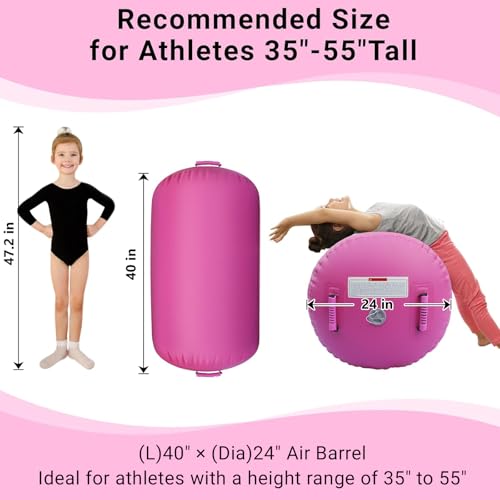 Pink Gymnastics Air Barrel with Pump - Inflatable Tumbling Roller for Backhandspring Training and Cheerleading