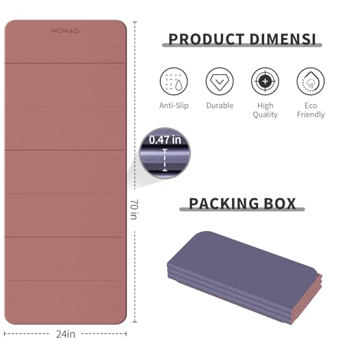 WOHAO Foldable Yoga Mat 70"x24" - Thickened TPE Non-Slip Exercise Mat for Home, Gym & Travel, Lightweight & Easy to Carry, Supports Pilates, Hot Yoga & Floor Workouts (Pink + Navy)
