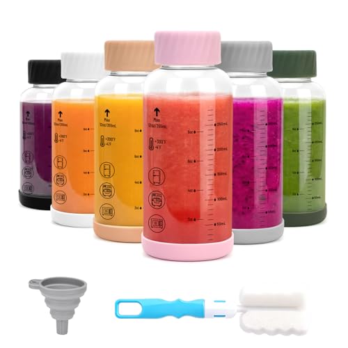 Multi-Color Glass Water Bottles with Stainless Steel Lid 12oz Leakproof 6 Pack