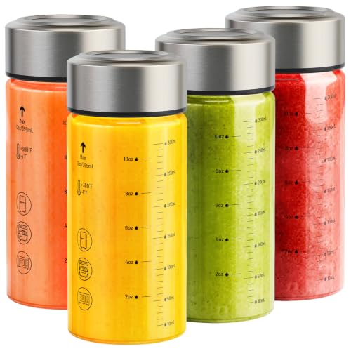 Clear 4-Pack 12oz Borosilicate Glass Juice Bottles with Leakproof Lids