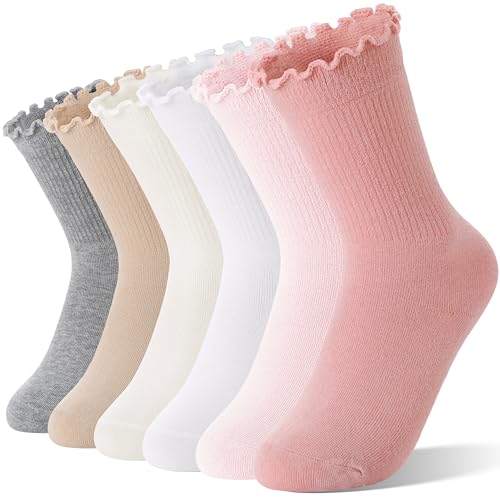 Kids Girls Ruffle Socks 6 Pairs Uniform School Dress Frilly Cotton Crew Pink/Light Pink/White/Off White/Khaki/Grey 5-8 Years
