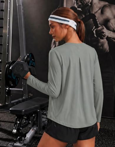 PINSPARK Women's Workout Tops UPF 50+ Loose Long Sleeve Athletic Shirt - Medium Sage Grey