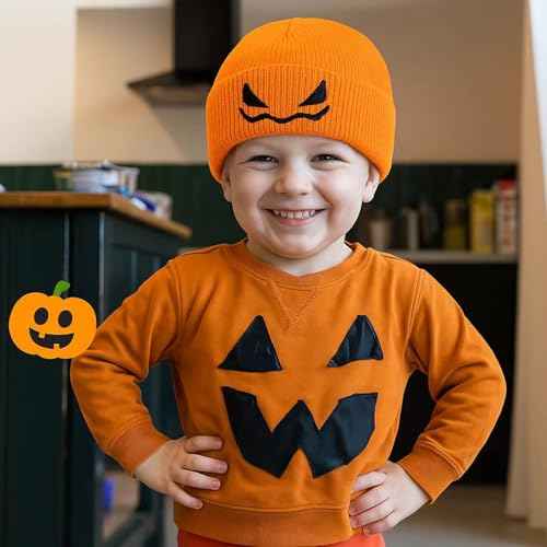 Halloween Pumpkin Knitted Beanie Hat Winter Thick Warm Soft Cute Hat for Halloween Orange