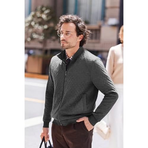 COOFANDY Mens Zip Up Sweatshirt Mock Neck Quilted Jacket Casual Lightweight Sweater Jackets with Pocket
