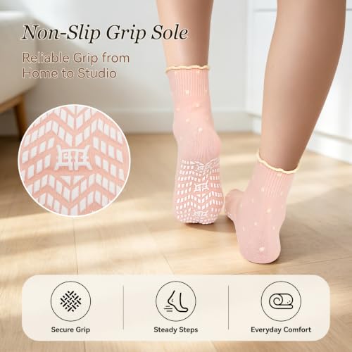 Anti Slip Crew Socks for Women - Artfasion Non Slip Grippy Ruffle Socks 9-11 Cream+White+Light Pink