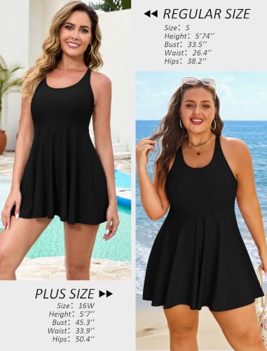 Women’s One Piece Swimsuit Tummy Control Swim Dress - Solid Black, Size S-24W, Variation 22