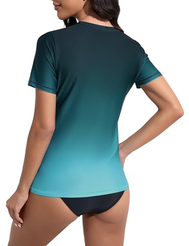 Women's Rash Guard UPF 50+ Short Sleeve Swim Shirt - Medium Black Lake Blue Gradient