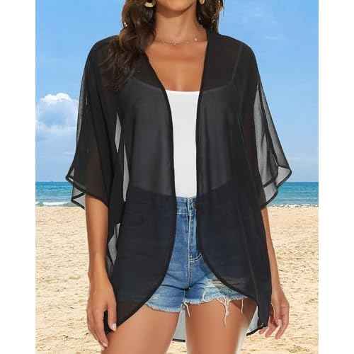 Womens Kimono Cardigans Beach Cover ups Swimwear Puff Sleeve Loose Casual Summer Tops
