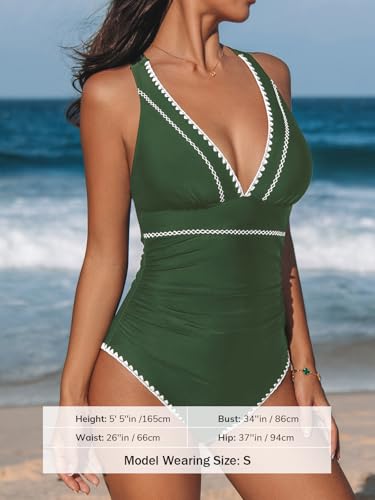 CUPSHE Women's One Piece Swimsuit V Neck Crisscross Back Self Tie Medium Green
