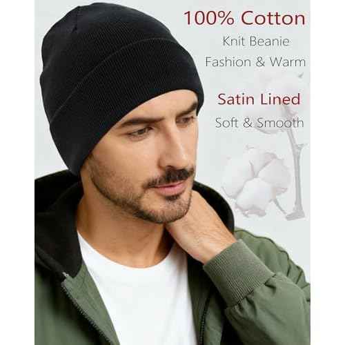 ROYBENS Satin Lined Beanie, 100% Cotton Beanies Hats for Men Women, Slouchy Knit Cuffed Winter Warm Soft Skull Cap Hat