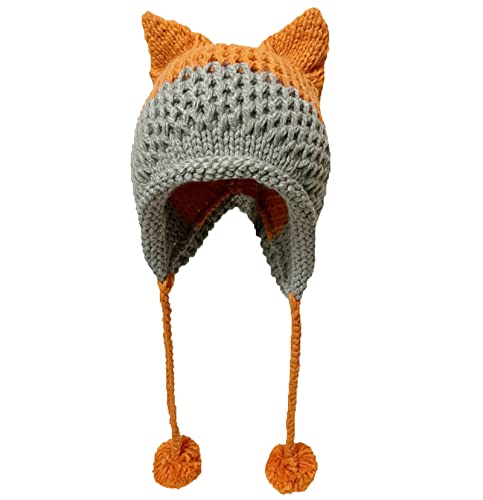 Fox Ears Beanie Hat for Adults - Warm Handmade Knitted Cap with Pom Pom, Patchwork, Orange - Variation of THIS listing