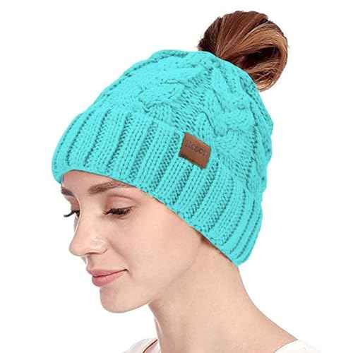 Rosoz Ponytail Beanie for Women,Winter Warm Beanie Tail Soft Stretch Cable Knit Messy High Bun Hat