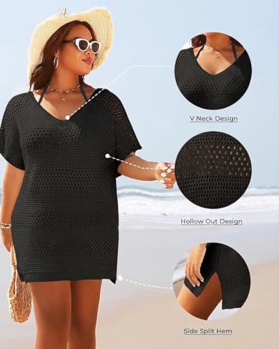 Plus Size Swimsuit Cover Up Crochet Bathing Suit Short Sleeve Beach Dress - 18 Plus, Black