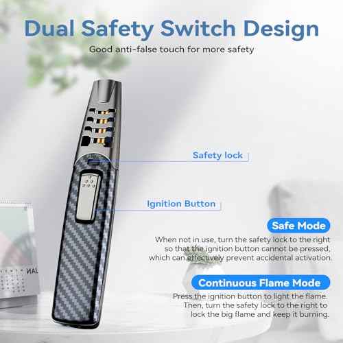 Torch Lighter, Butane Lighter, Adjustable Big Jet Flame Butane Torch, Windproof Refillable Gas Long Torch Lighter with Safety Lock for Candle Grill Camping BBQ Kitchen Soldering, Gas Not Included