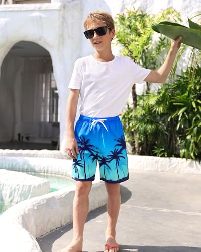 Boys Swim Trunks with Compression Liner Quick Dry Beach Swimwear - Blue Coconut Tree 10-12 Years