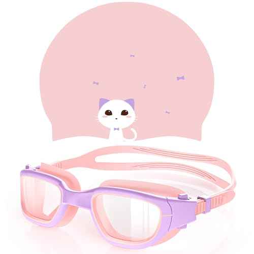 Kids Swim Goggles with Silicone Swim Cap, Swimming Goggles Cap Set for Kids 6-14, Anti-Fog Anti-UV for Boys Girls
