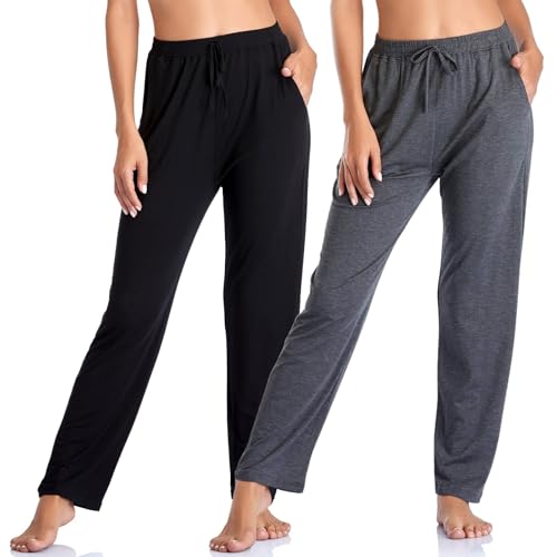 Envlon Women's Yoga Pants with Pockets - Large Black & Gray 2-Pack, Comfortable Stretch Lounge & Workout Pants