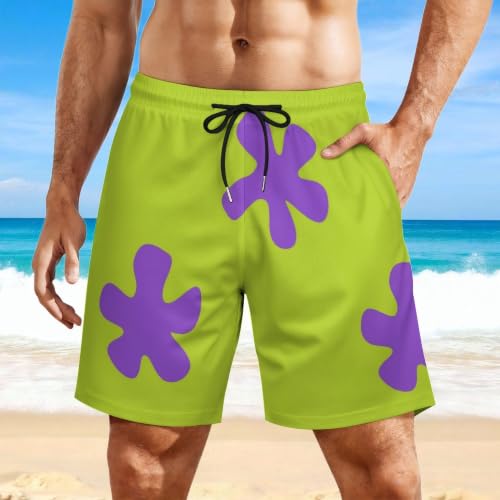 X-Large Green & Purple Leaves Men's Swim Shorts with Compression Liner & Zipper Pockets