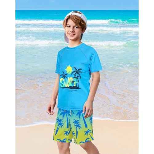 Boys Two Piece Rash Guard and Swim Trunks Outfit Set Kids Short Sleeve Swimsuit