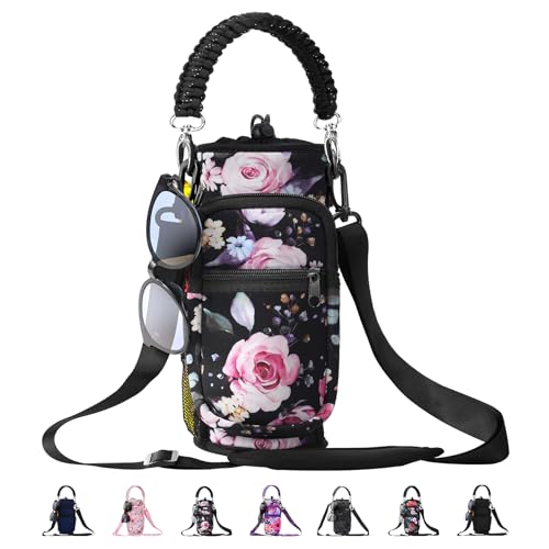 16oz Water Bottle Carrier Bag Neoprene Sleeve with 4 Pockets & Adjustable Strap - Black Flower