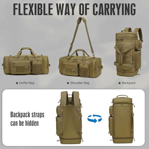 Brown 3-in-1 Tactical Gym Bag Backpack 40-45L Expandable Travel Duffle with Shoe & Wet Pockets