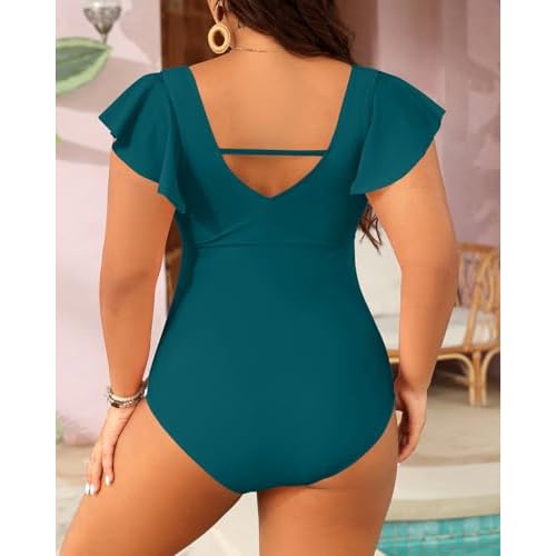 Plus Size One Piece Swimsuit - Women Tummy Control Bathing Suit Ruffle Vintage Swimwear with Sleeves