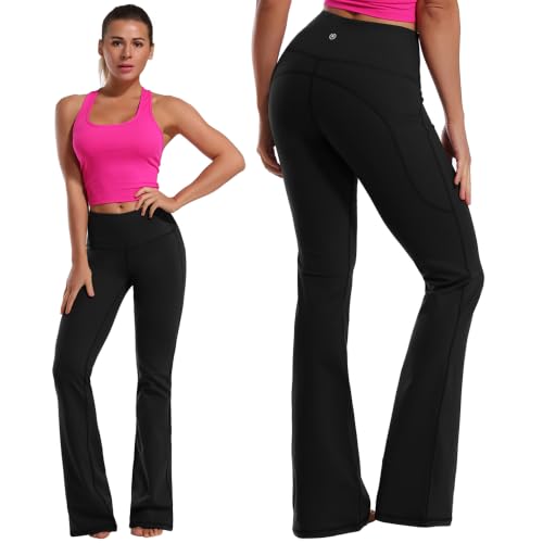 Women High Waist Bootcut Yoga Pants with Pockets - Tummy Control, 35" Inseam, Black