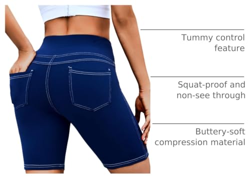High Waisted Yoga Biker Shorts with Pockets - 8 Inch Inseam, Navy Blue, XX-Large