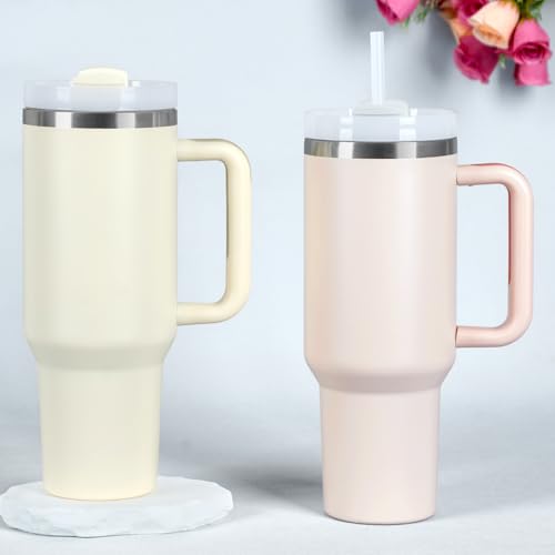 40 Oz Stainless Steel Tumbler with Handle Set - Cream, Purple, Green, Rose Quartz