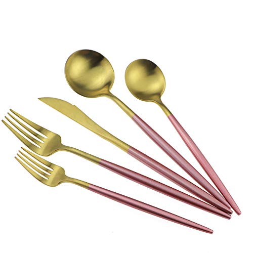 Pink Gold Flatware Set for 4 - 20 Pcs Matte Pink Handle Stainless Steel Cutlery