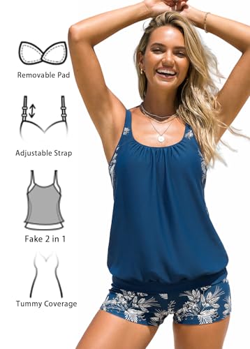 Large Peacock Blue Cut Out Tankini Swimsuit for Women Faux-Layered Bathing Suit