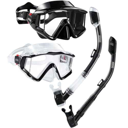 Adult Snorkeling Mask Anti-Fog Wide View with Dry Top Valve - Black & Clear, Large-X-Large